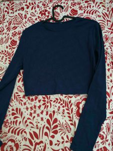 Navy Blue Long Sleeve Crop Top