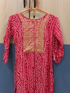 Red Bandhani Kurta with Gold Embroidery