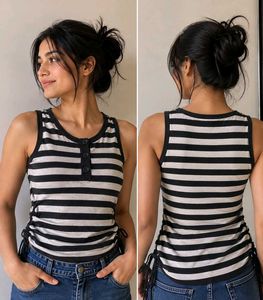 Striped Henley Tank Top with Tie Sides