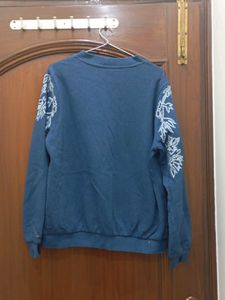 Blue Bomber Jacket with Leaf Embroidery