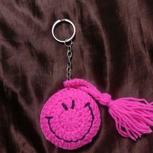 Cute Pink Smiley Crochet Keychain with Tassel