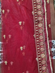 Exquisite Red Velvet Lehenga with Golden Embroider