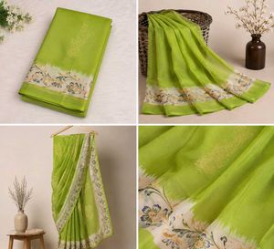 Elegant Green Floral Saree without blouse