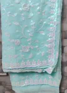 Sky Blue Embroidered Saree with stitched blouse