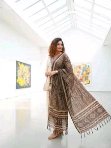 Elegant Brown Printed Kurta Set with Dupatta