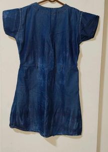 Denim Blue Short Sleeve Top with Sheer Yoke Detail