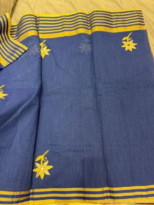Blue Saree with Yellow Border &amp; Embroidery