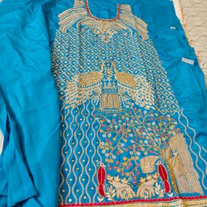 Firozi Blue Peacock Embroidered Party Wear Suit