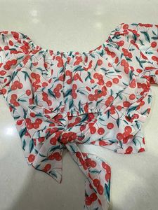Cute Cherry Print Puff Sleeve Top