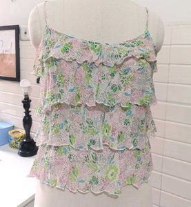 Chic Ruffled Floral Spaghetti Strap Tank Top