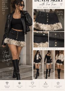 Black Denim Mini Skirt with Fur Trim