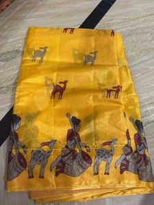Vibrant Yellow Saree with Folk Art Print