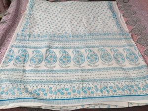 White Blue Floral Print Cotton Saaree🤍💙