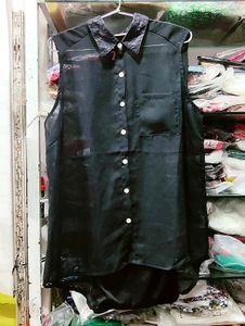 Sheer Black Sleeveless Button-Up Top