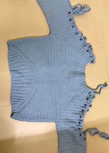 Blue Lace-Up Cropped Sweater