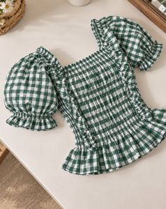 Chic Green Gingham Smocked Top