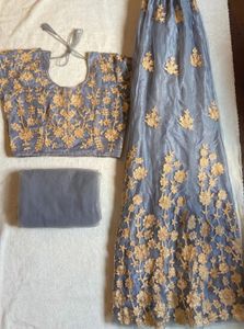 Elegant Grey &amp; Gold Embroidered Lehenga Choli