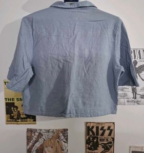 Baby Blue Embroidered Crop Top | Button-Down Colla