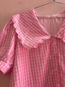 Cute savana Pink Gingham Peter Pan Collar Top