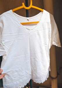 White Lace Trim V-Neck Top
