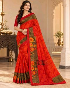 New Elegant Red Saree with Floral Accents