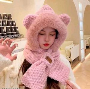 Cute Pink Bear Ear Hood Scarf