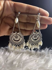 Boho Silver Dangle Earrings with Pearls