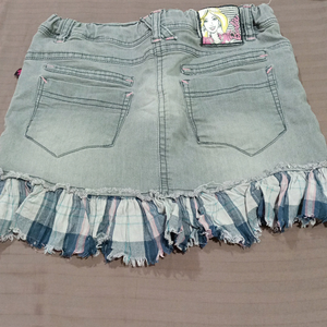 Denim Skirt with Plaid Ruffle