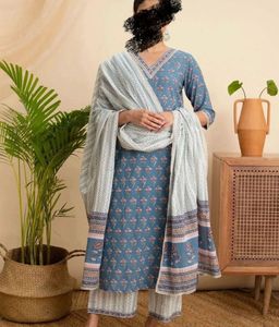Blue Floral Print Kurta Set with Dupatta