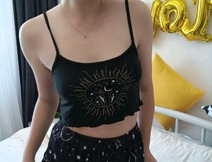 Celestial Print Spaghetti Strap Crop Top