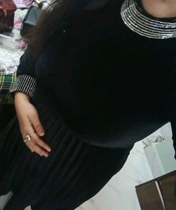 Black Velvet Partywear Dress With Embellished Belt