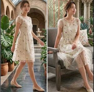 Elegant Floral Embroidered Mesh Overlay Dress with