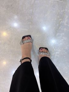 silver bow embellishment open toe heels
