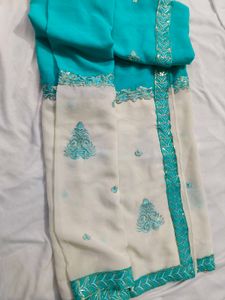 Elegant Teal &amp; White Saree with Blouse