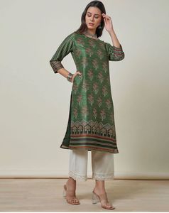 Green Floral Print Kurta with Striped Sleeves