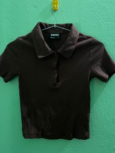 Brown Ribbed Polo Crop Top
