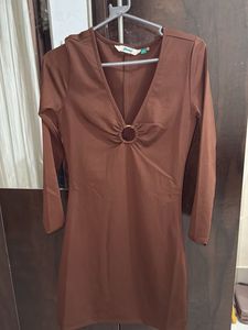 Brown Long Sleeve Ring Detail Mini Dress