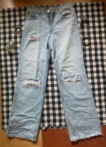 Light Wash Ripped Wide Leg Jeans