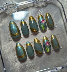 FREE DELIVERY Teal Chrome Press On Nails