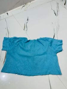 Blue Ribbed Short Sleeve crop Top