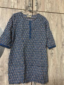 Blue Printed Cotton Kurta cum top