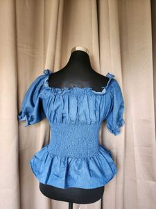 Smocked Off-Shoulder Denim Top