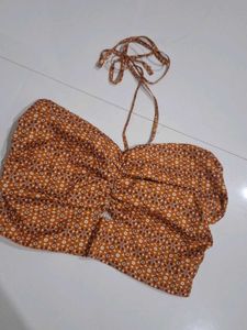 Ruched Print Halter Neck Crop Top