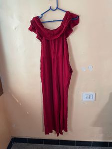 Red Off-Shoulder Ruffle Jumpsuit