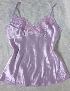 Lavender Satin Cami with Lace Trim