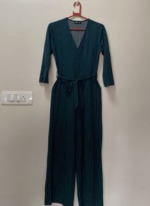 Teal Green Pinstripe Wrap Jumpsuit