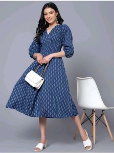 Elegant Blue Printed Midi Dress