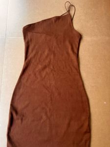 Brown One Shoulder Ribbed Dress