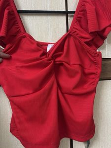 Red Ruffle Detail Crop Top