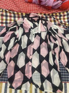 Sheer Geometric Print Button-Up Shirt
